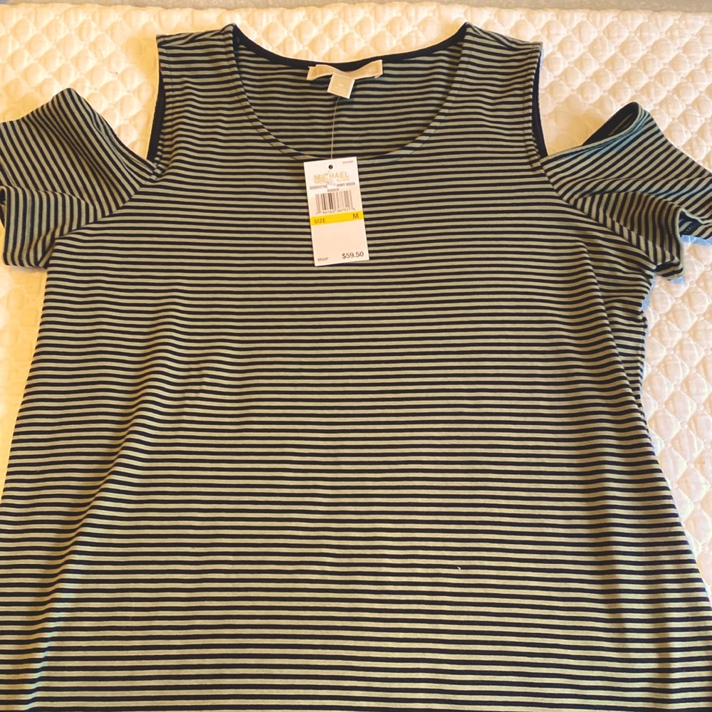 New with tags Michael Kors army green & black stripe cold shoulder top size Med